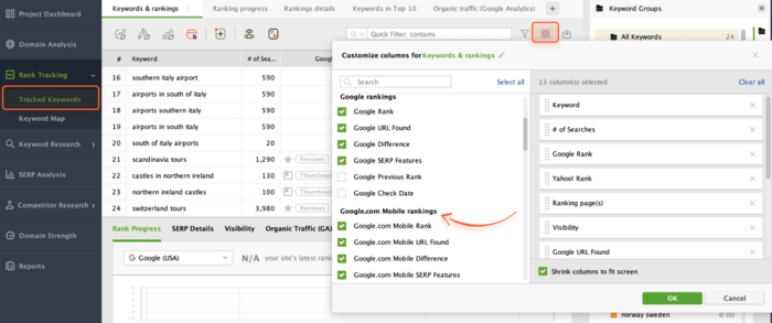 Making mobile rankings column visible in Rank Tracker