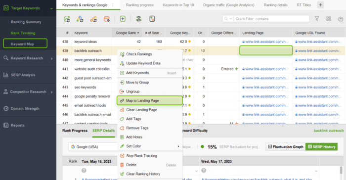 Mapping keywords in Rank Tracker