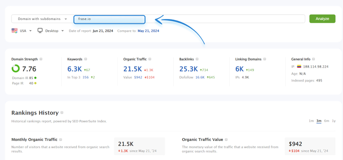 domain analysis module in Rank Tracker