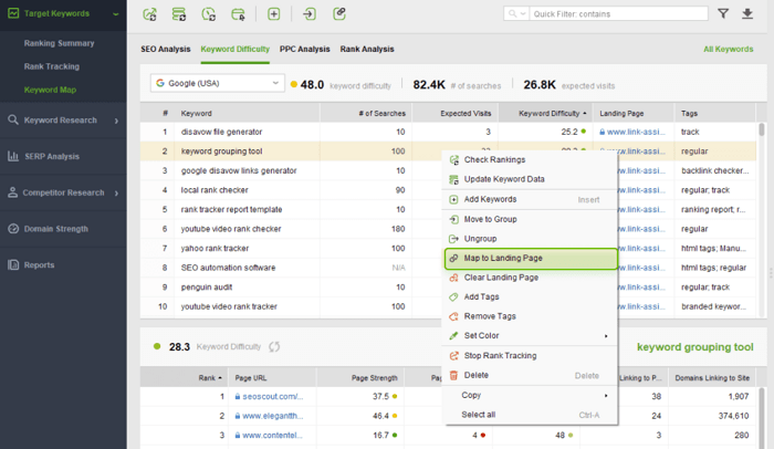 Passende Keywords zu ihren Landingpages in der Keyword Map