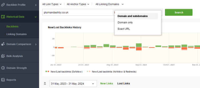 get historical backlink data for a domain without subdomains or for the exact URL you need