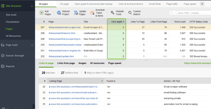 Checking pages' click depth