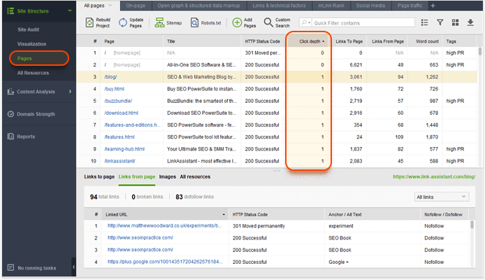 Audit click depth on internal links