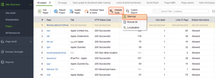 To generate a sitemap, launch WebSite Auditor and go to Site Structure > Pages. Then, click Website Tools > Sitemap