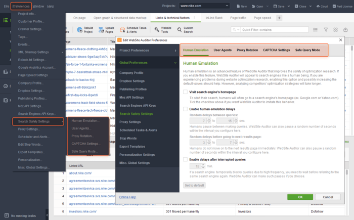 human emulation settings in SEO PowerSuite
