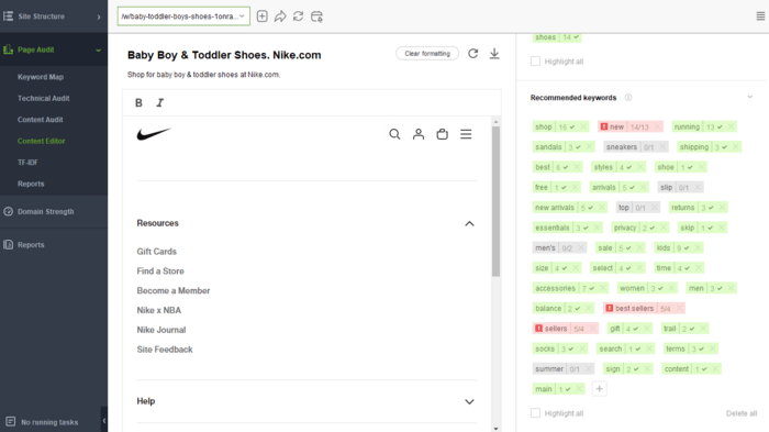 To spot keyword stuffing (and other content-related issues) and do the fixing, analyze your page in WebSite Auditor’s Content Editor module