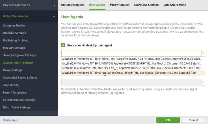 user agent settings in SEO PowerSuite