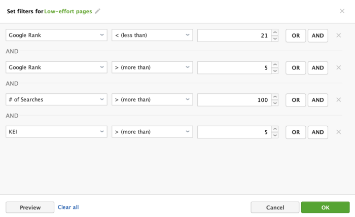 Setting up Filters for Low-hanging fruit