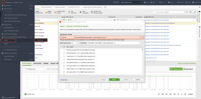 choose file to import keyword data from