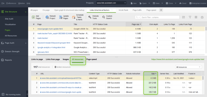 In the bottom workspace, check the size of a separate page and each of its resources