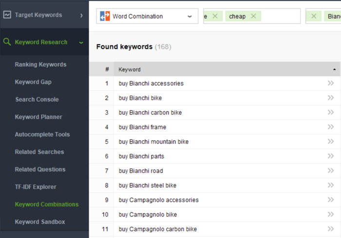 Keyword combinations in Rank Tracker