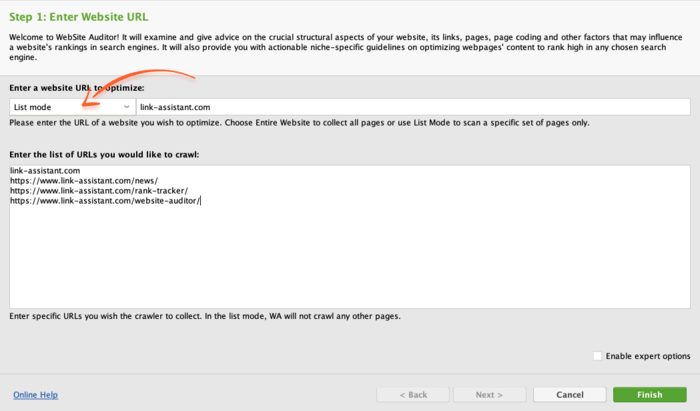 List mode in WebSite Auditor