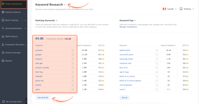 Ranking Keywords in Project Dashboard