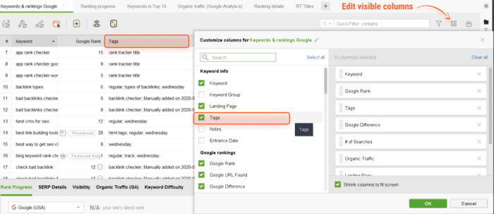 Adding tags to visible columns in your workspace