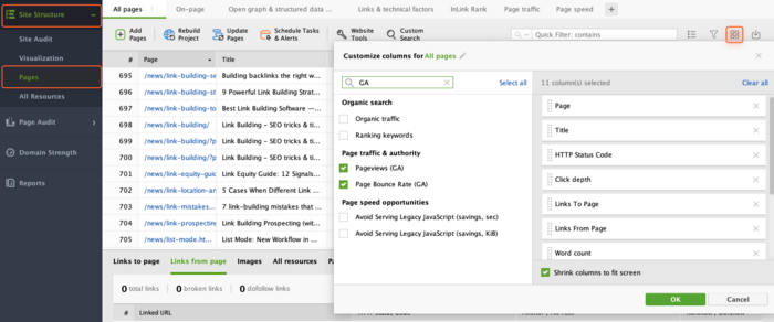 Pageviews and Bounce Rate columns