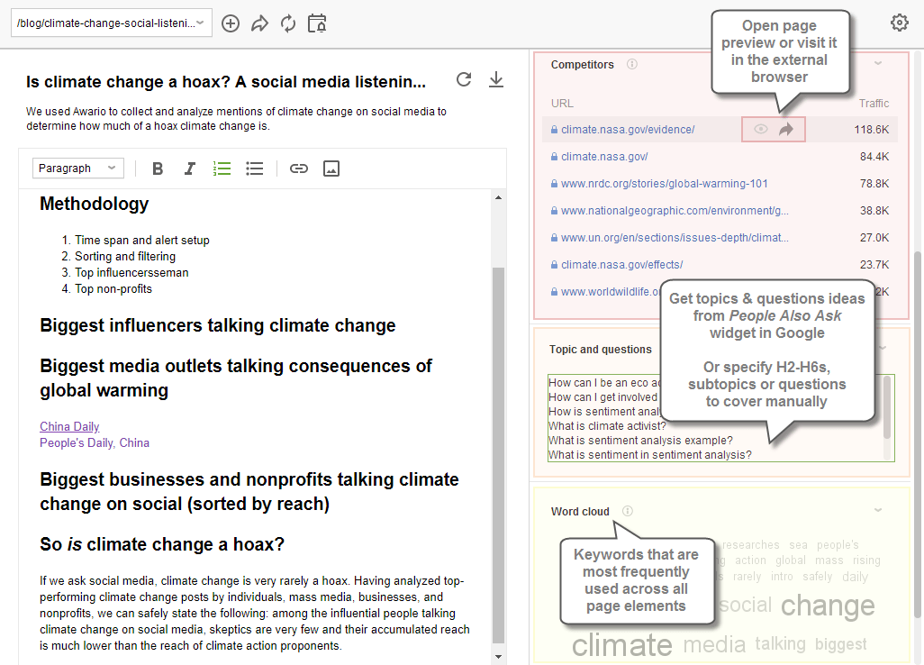 Competitors' content preview, suggestions from People Also Ask, Word Cloud
