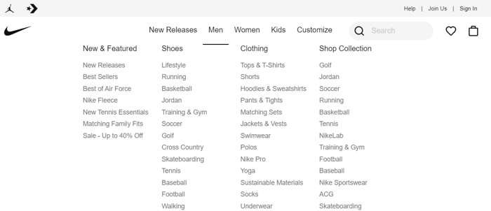 Nike.com website structure