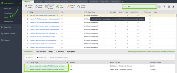 finding internal links with redirects with WebSite Auditor