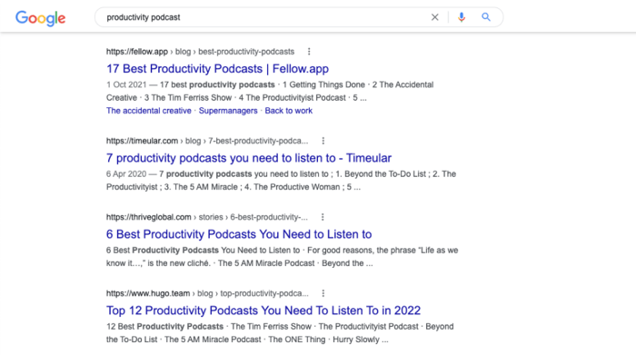 productivity podcasts SERP