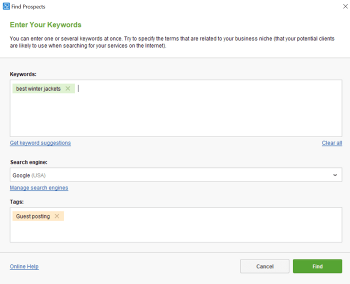 Enter the keywords for which you want to create guest posts