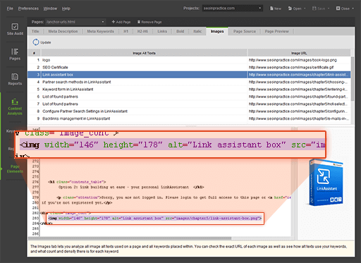 Crucial elements of the HTML code highlighted