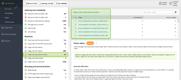 spotting long redirect chains in WebSite Auditor