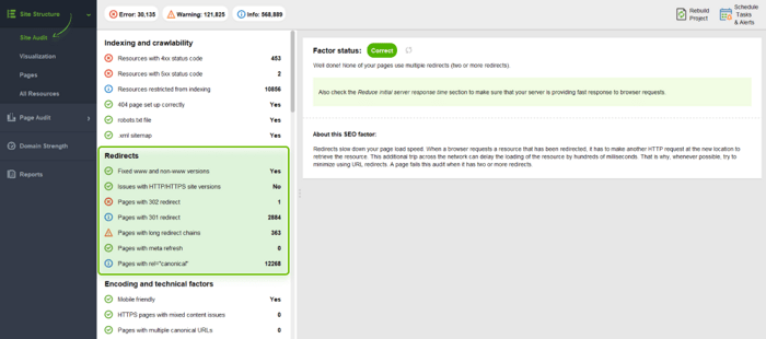 fidning URL redirection issues with WebSite Auditor