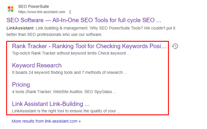 sitelinks in Google SERP