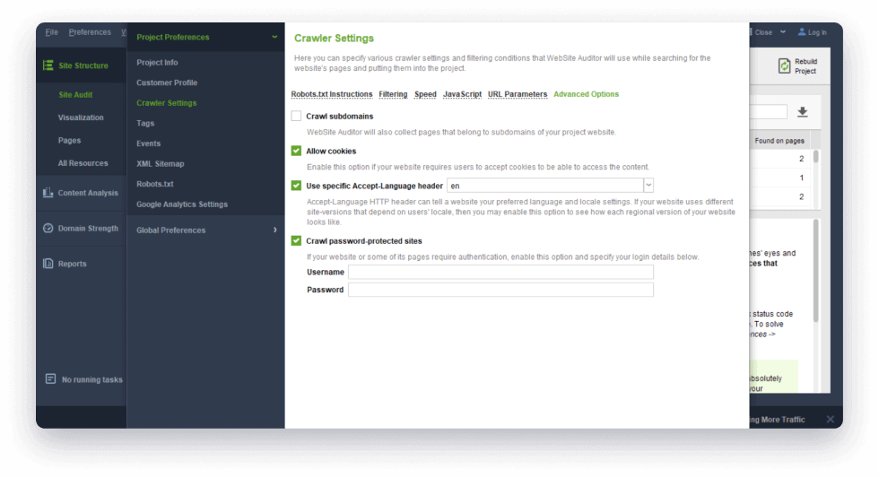 Advanced crawler settings for in-depth site audit