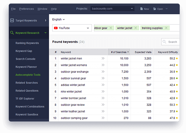 Find long-tail keywords from Autocomplete tools