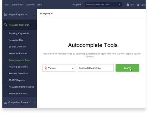 Generate keywords by Yandex Autocomplete tools