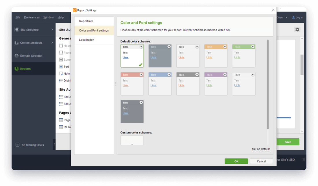 Choisissez la palette de couleurs pour les rapports d'audit de site