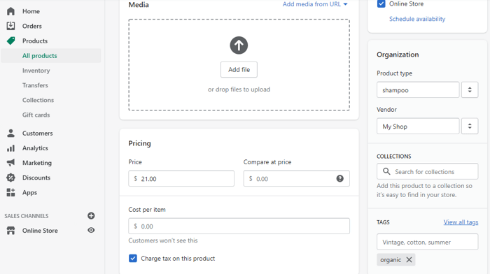 shopify product settings